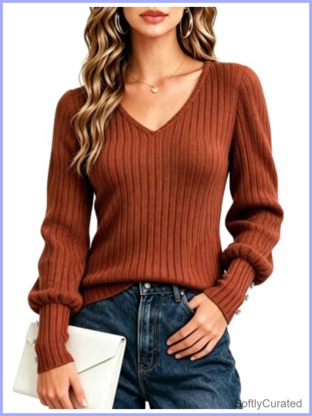 Ribbed Knit Long Sleeve V Neck Puff Sleeve Sweater Pullover Top